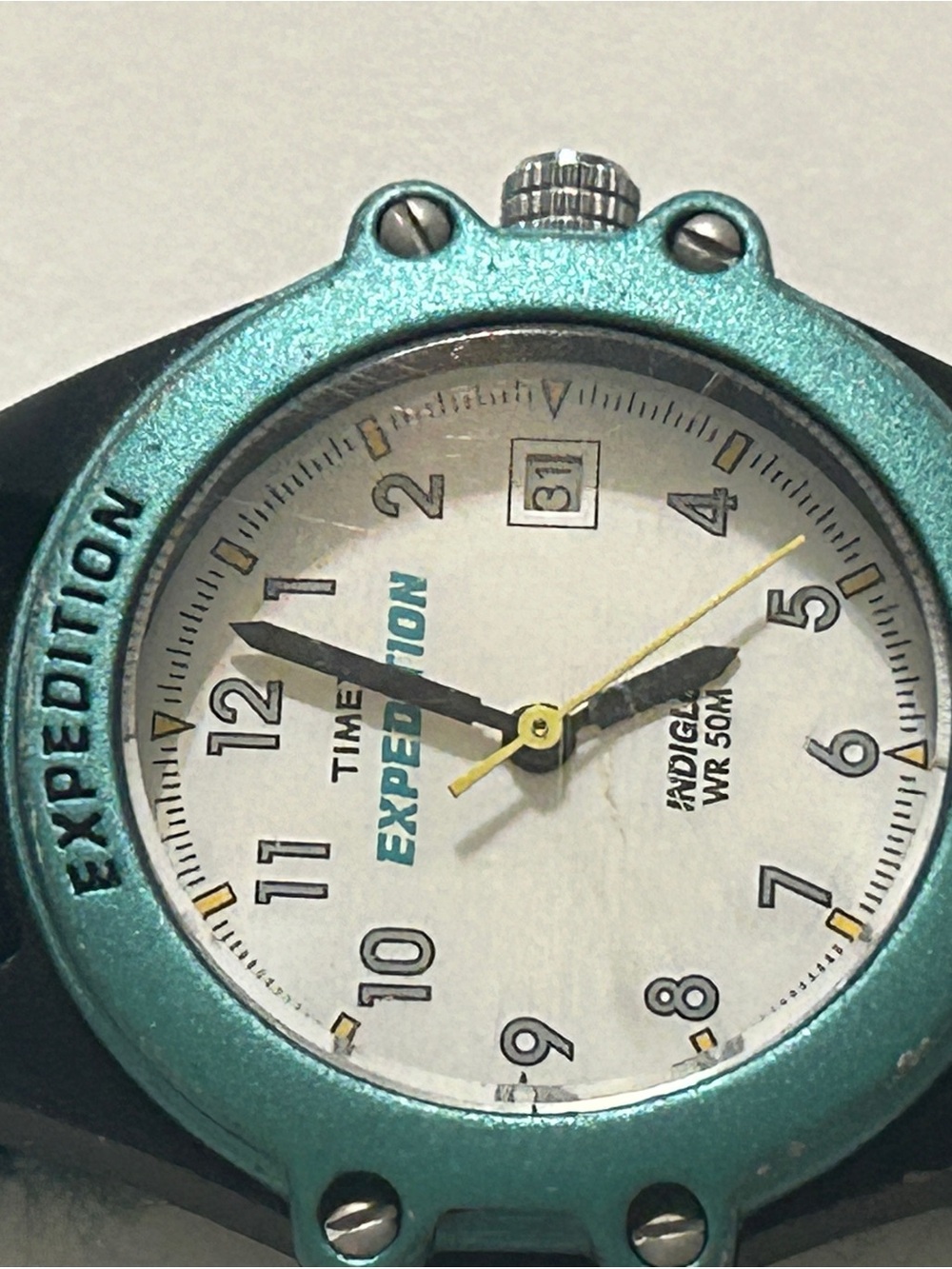 Vintage Timex Expedition Indiglo Watch Teal Bezel Fabric Band